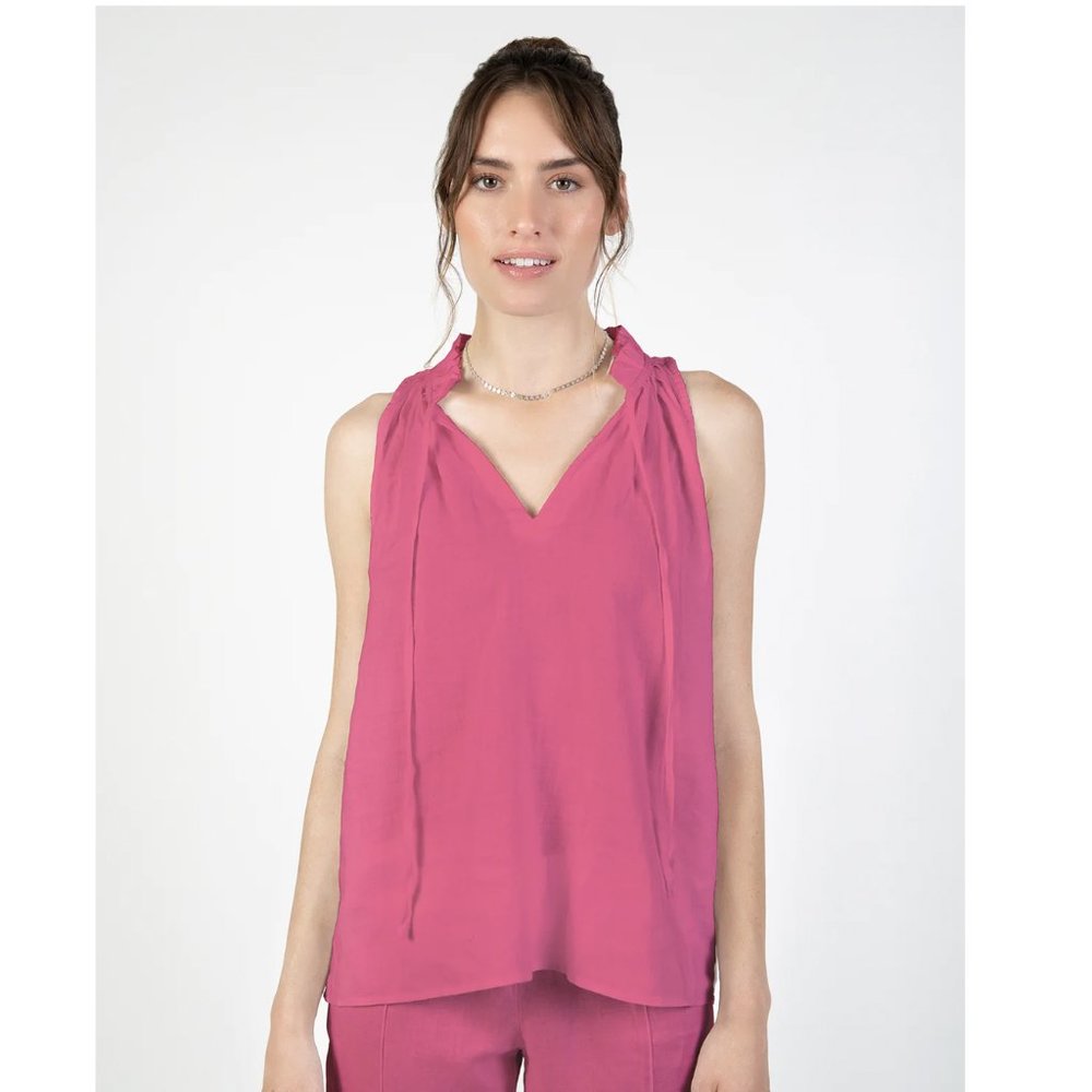 Ruffle Neck Sleeveless Tank Top Blouse, Raspberry Pink
